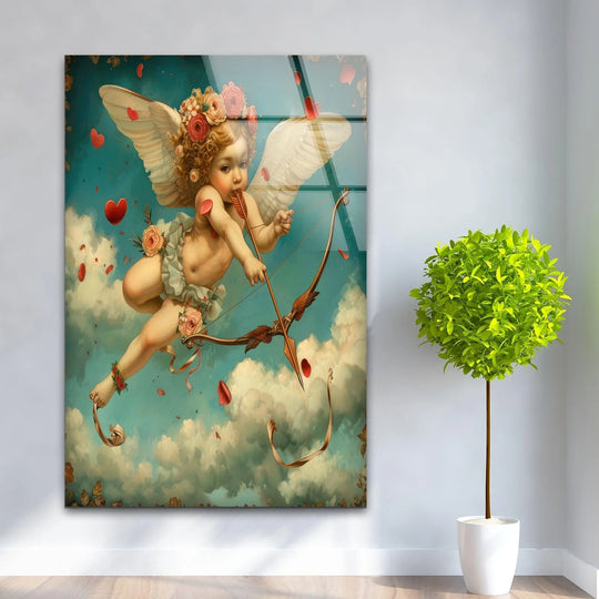 Foreground Cupid in the White Baby Eros glass wall art showcases the wall art prints in stunning detail, complete with his bow and love-filled arrow.