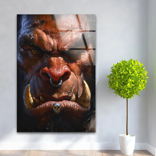 Warm color temperatures accentuate the fierce orc warrior's intense gaze in this close-up glass wall art prints.