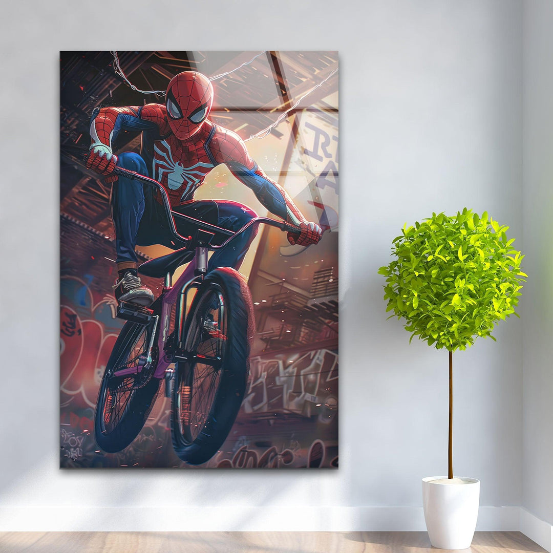 Spider Man with BMX Glass Wall Art stained glass wall art, stained glass wall decor

