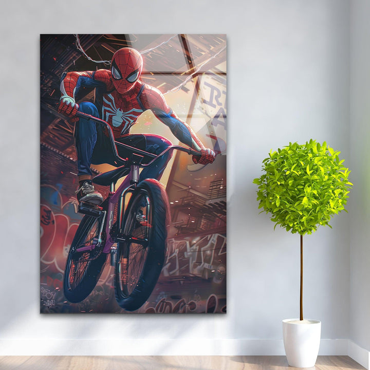 Spider Man with BMX Glass Wall Art stained glass wall art, stained glass wall decor
