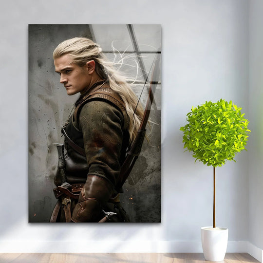 Alternating textures and tonal depths establish a visual rhythm throughout this blonde archer warrior fantasy portrait in the print wall art.