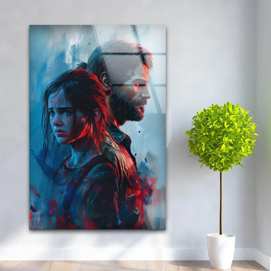 In the darkest area, blue and red hues blend in this emotionally evocative glass art painting featuring an emotional duo portrait, ideal glass wall art for modern spaces.