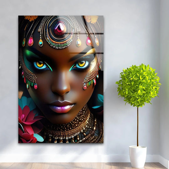 A close-up of a vibrant, colorful African woman's face adorned with intricate jewels and bold makeup, perfect for home decor.