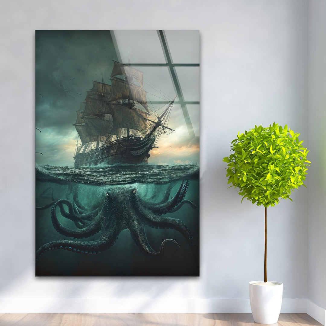 Kraken & Ship Glass Wall Art custom glass pictures, glass art prints
