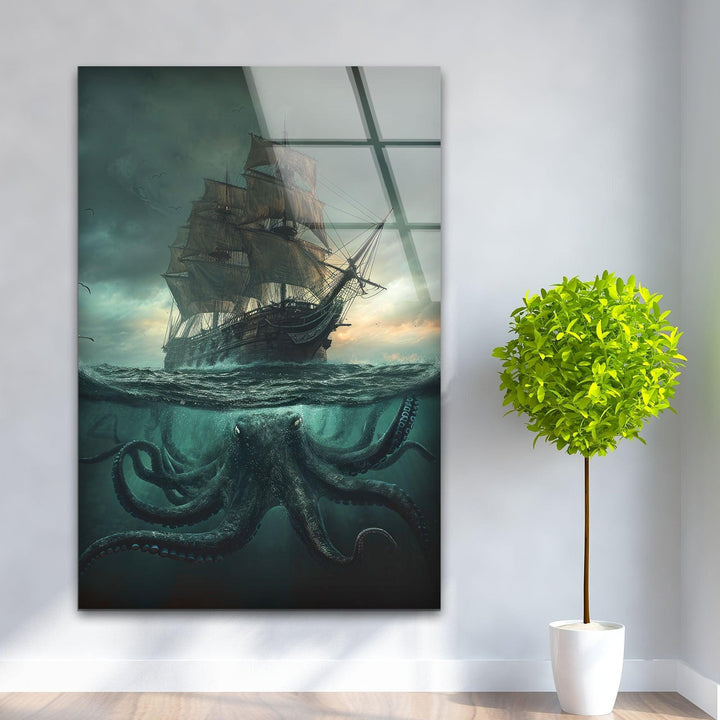 Kraken & Ship Glass Wall Art custom glass pictures, glass art prints
