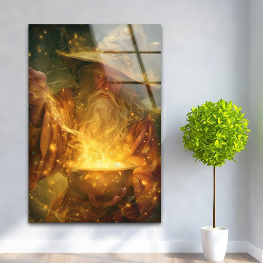 Radiant golden wisps of magic swirl from a mystical cauldron in this abstract glass wall art, a captivating home decoration.