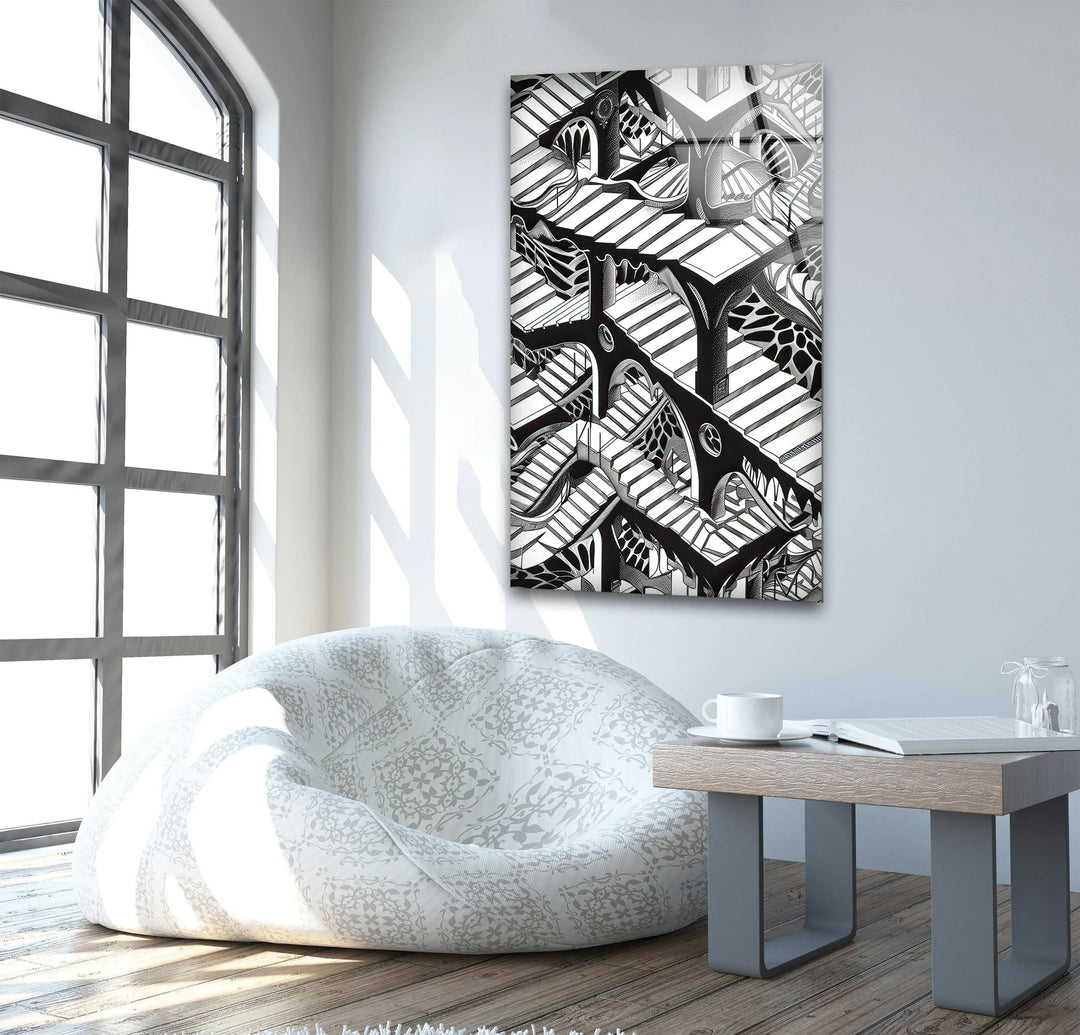 Intricate monochrome design of endless staircases forming an illusion.
