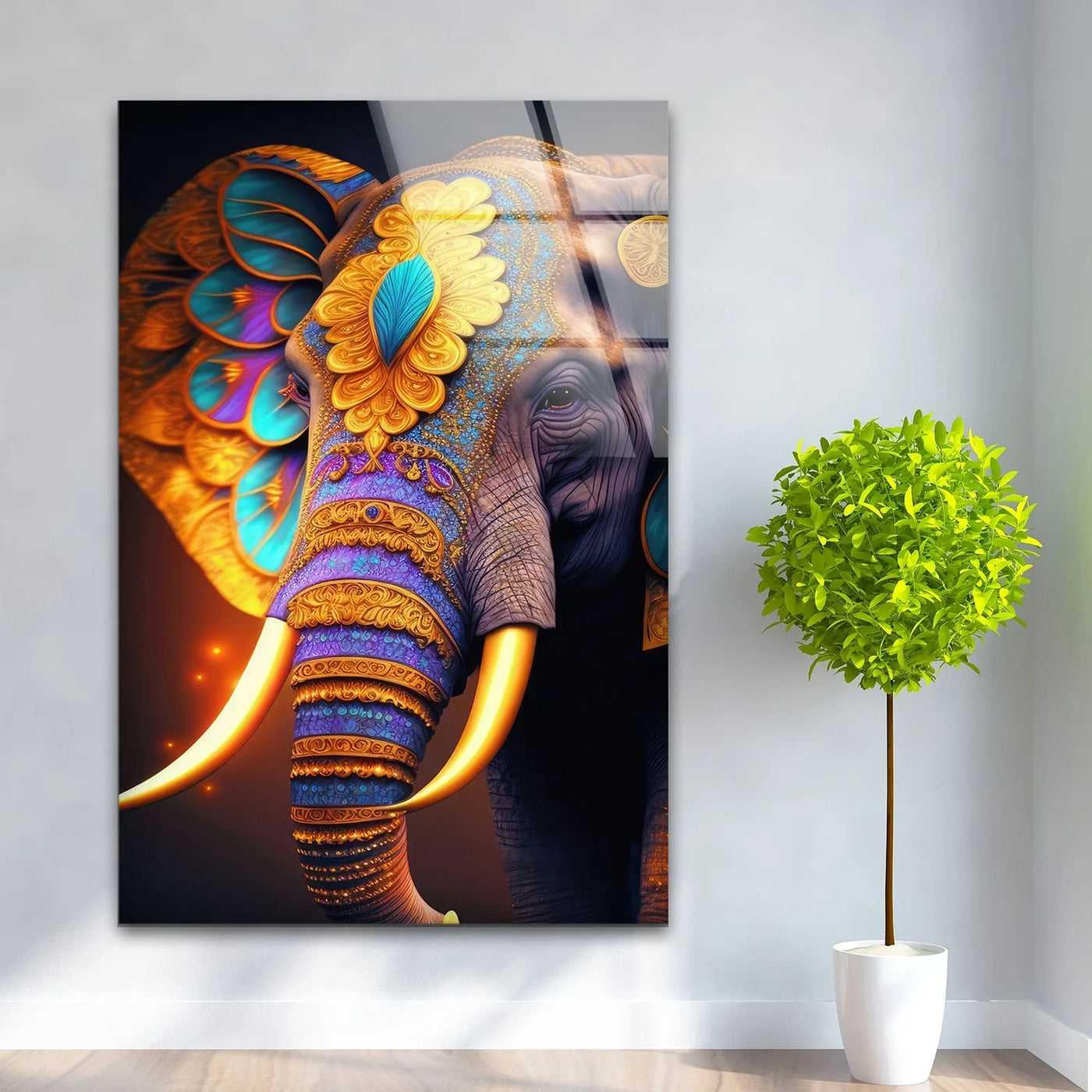 The colorful Indian elephant glass wall artwork showcases a visual rhythm through its ornate patterns and vibrant colors, adding energy to the composition.