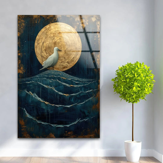 A white bird stands on layered waves beneath a golden moon in this textured glass wall art print.
