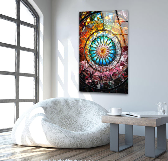 Vibrant glass hanging wall art showcases a captivating kaleidoscope transition from deep sapphire blues to fiery oranges and rich crimson hues.