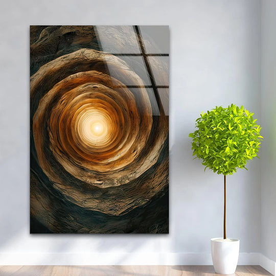 A luminous golden vortex is the focal point of this captivating glass printing wall art.