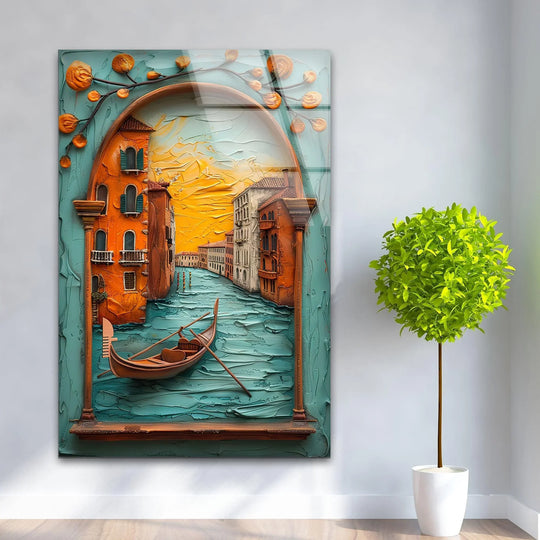 Venice Italy oil painting glass printing features geometric architectural shapes framing a canal with a gondola and arched branches.