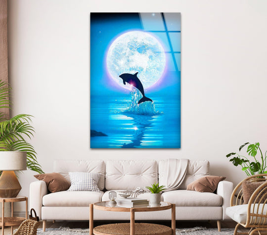 A dolphin leaps from a sapphire ocean under a luminous moon, creating a captivating glass art layering effect.