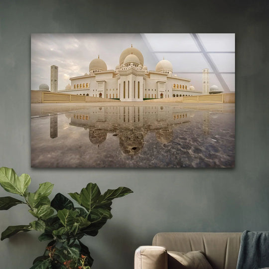 Sheikh Zayed Mosque glass wall art with white domes and archways showcases religious architecture and timeless glass wall decor combining cultural richness