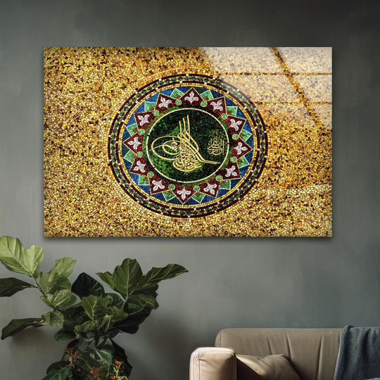 Glossy finish of the ottoman tughra glass wall art showcases its intricate details, enhancing the vibrancy of these distinctive wall prints.