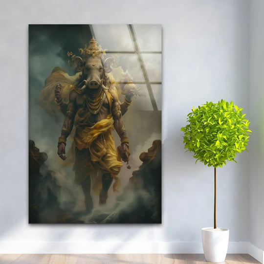 Negative space surrounds the divine Gambar Ganesha in this religious painting, highlighting the intricate details and the subtle play of light in this art from glass piece.