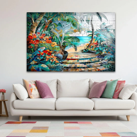 Mosaic glass wall art displaying a tropical beach paradise with steps leading to the sea is a piece of unique modern wall decor.