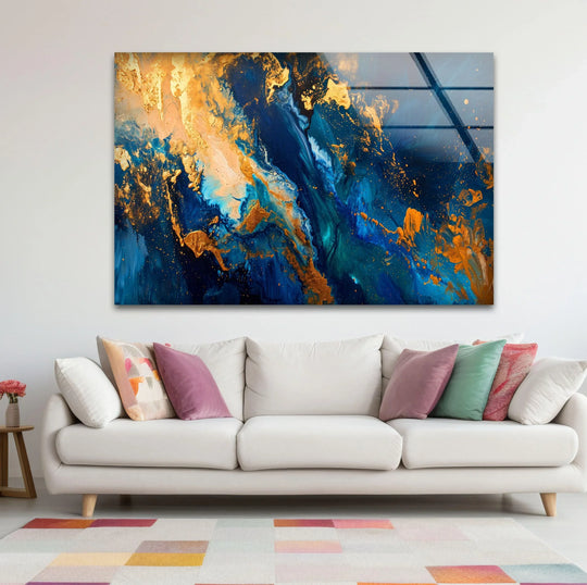 A luxurious and dynamic mood emanates from this stunning hanging wall art featuring a golden granite mosaic abstract design.