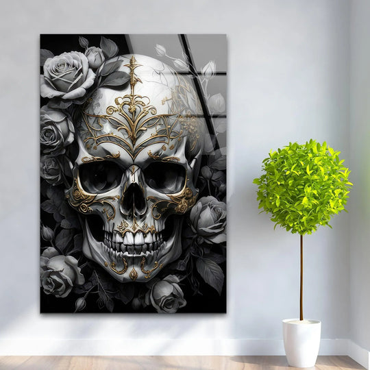 Intricate geometric gold filigree overlays a stylized skull and roses on this striking glass art.