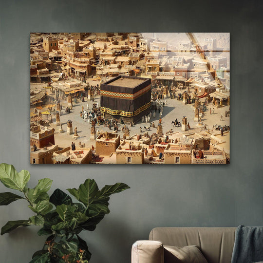 Religion glass wall art shows Islamic Mecca and Kaaba decor and sacred religious artwork plus 8k UV printing