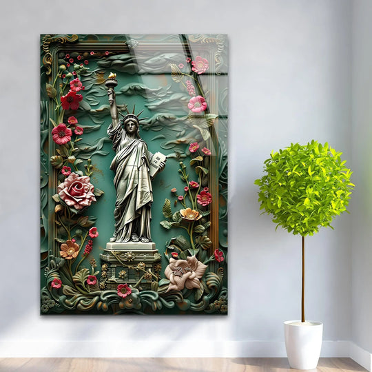 Statue of liberty glass wall art decor with intricate floral details stands as the focal point.