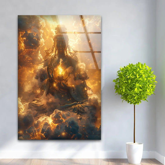 Darkest swirls of clouds form the base of this Buddha image, illuminating this spiritual, religious painting and enhancing the tempered glass wall art.