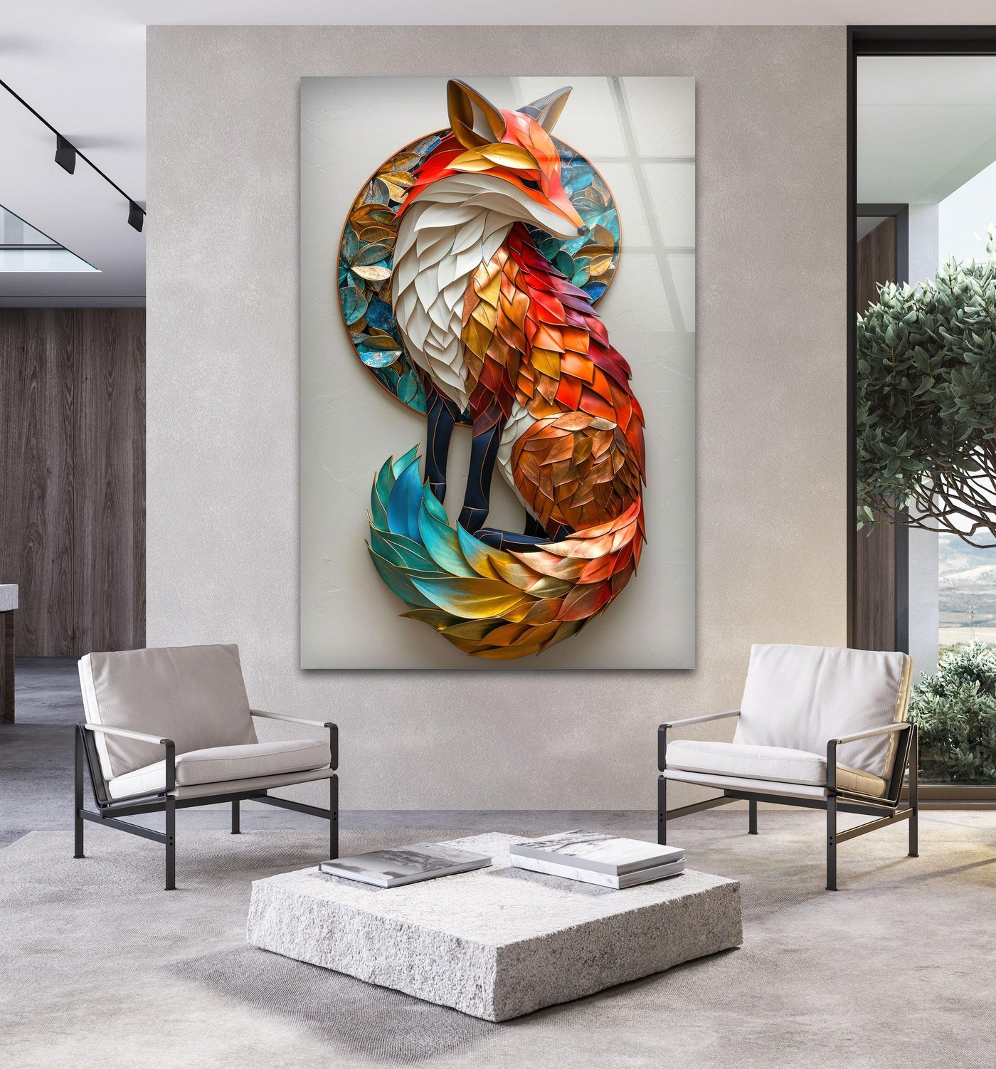 A vibrant, colorful glass wall art of a fox rendered as a print wall art, showcasing intricate layered details.