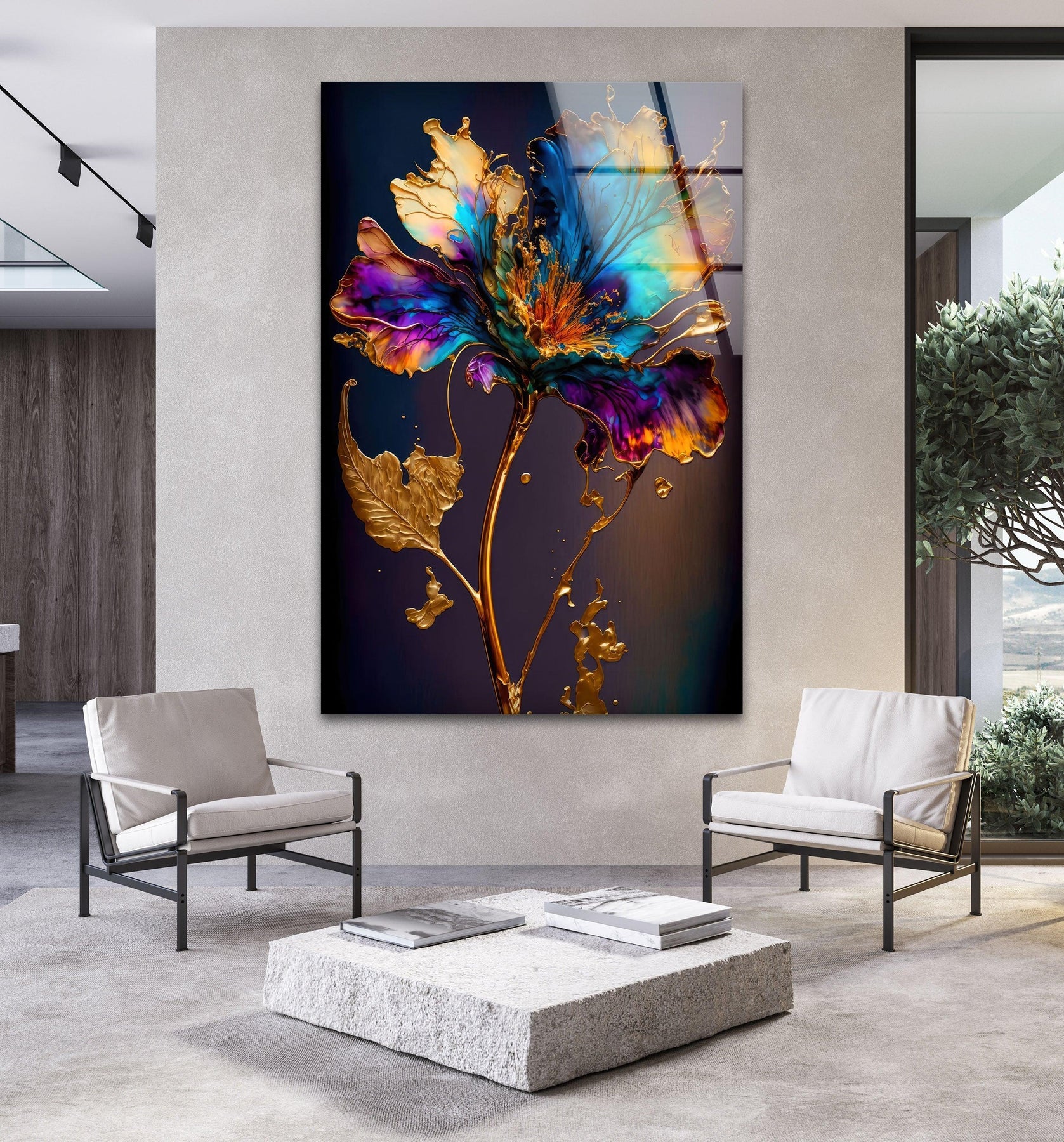 Gold & Blue Abstract Flower Wall Art – Luxury Floral Decor – MyPhotoStation