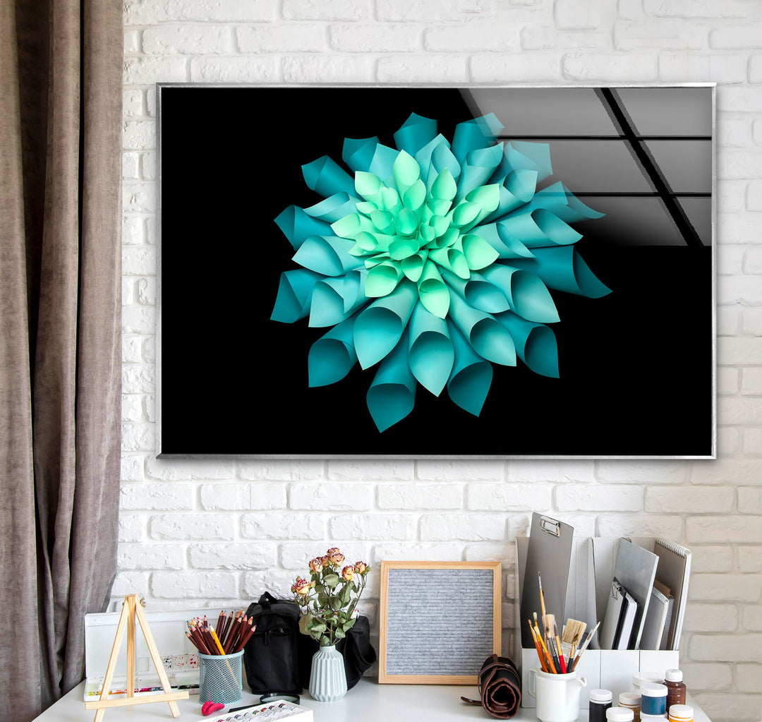 Green Paper Origami Flower Glass Wall Art, glass wall decor, glass wall art decor
