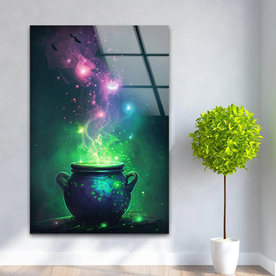 A magical green and purple witch's cauldron with bubbling potion and bats dominates this vibrant glass printing.
