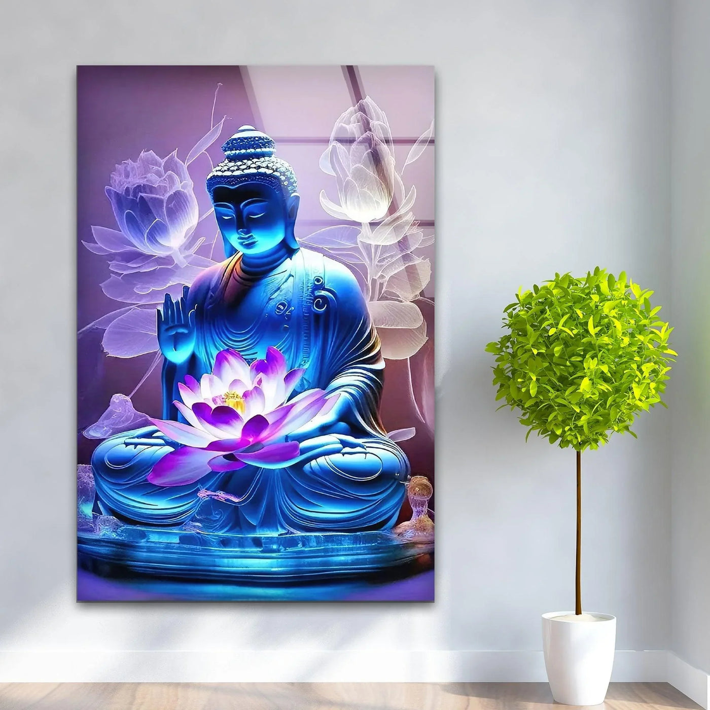 Dazzling finish illuminates this Buddha Lotus Flower glass hanging wall art, showcasing intricate details in this tempered glass religious wall art.