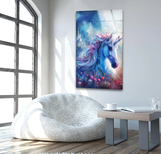 A vibrant glass wall art featuring a mystical blue unicorn with flowing mane adorned with flowers and a whimsical castle in the background.