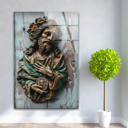 Religion glass wall art with Christ figure and flower details and Christian paintings for home decor and divine Christian wall art
