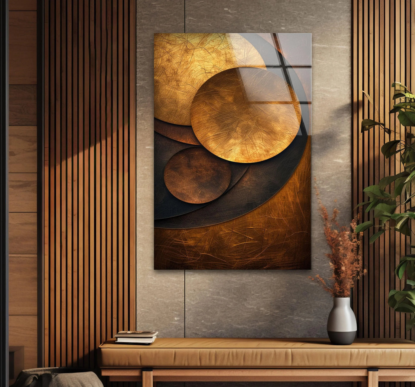 Layered bronze abstract circles create depth in this stunning hanging wall art.