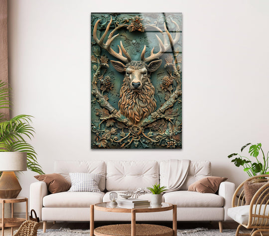 The brightest glass hanging wall art features a detailed deer head against a teal background, illuminated by ambient light.