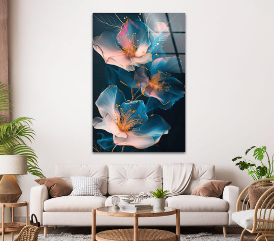 Luminous abstract pink and blue flowers with gold accents, a captivating piece of glass printing for elegant home decor.