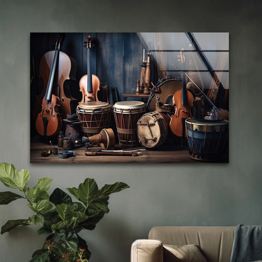 A cello and violin are highlighted within this wall art prints with bright reflections, showcasing musical instruments.