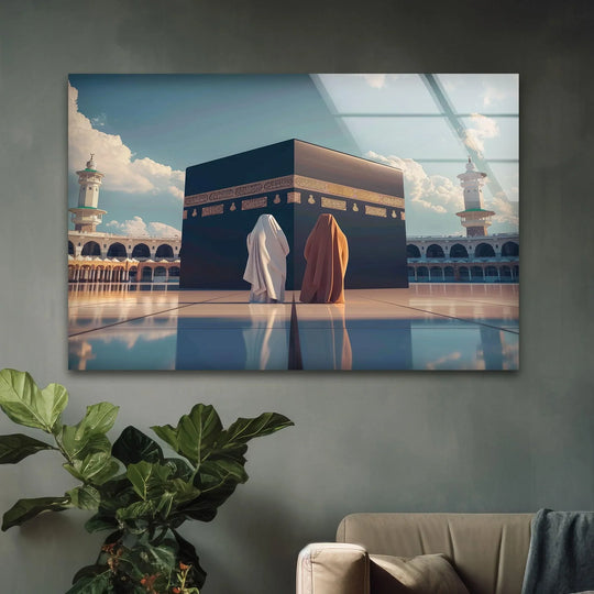 Religion glass wall art features black and gold design and Kaaba religious artwork bringing divine glass wall decor for spiritual elegance