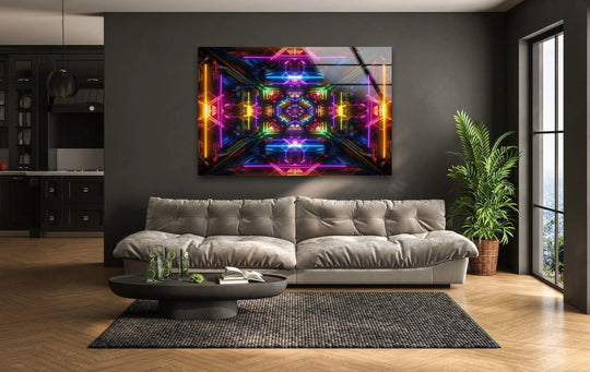 The smooth, reflective surface of this glass art painting features a vibrant, multi-layered neon kaleidoscope design.