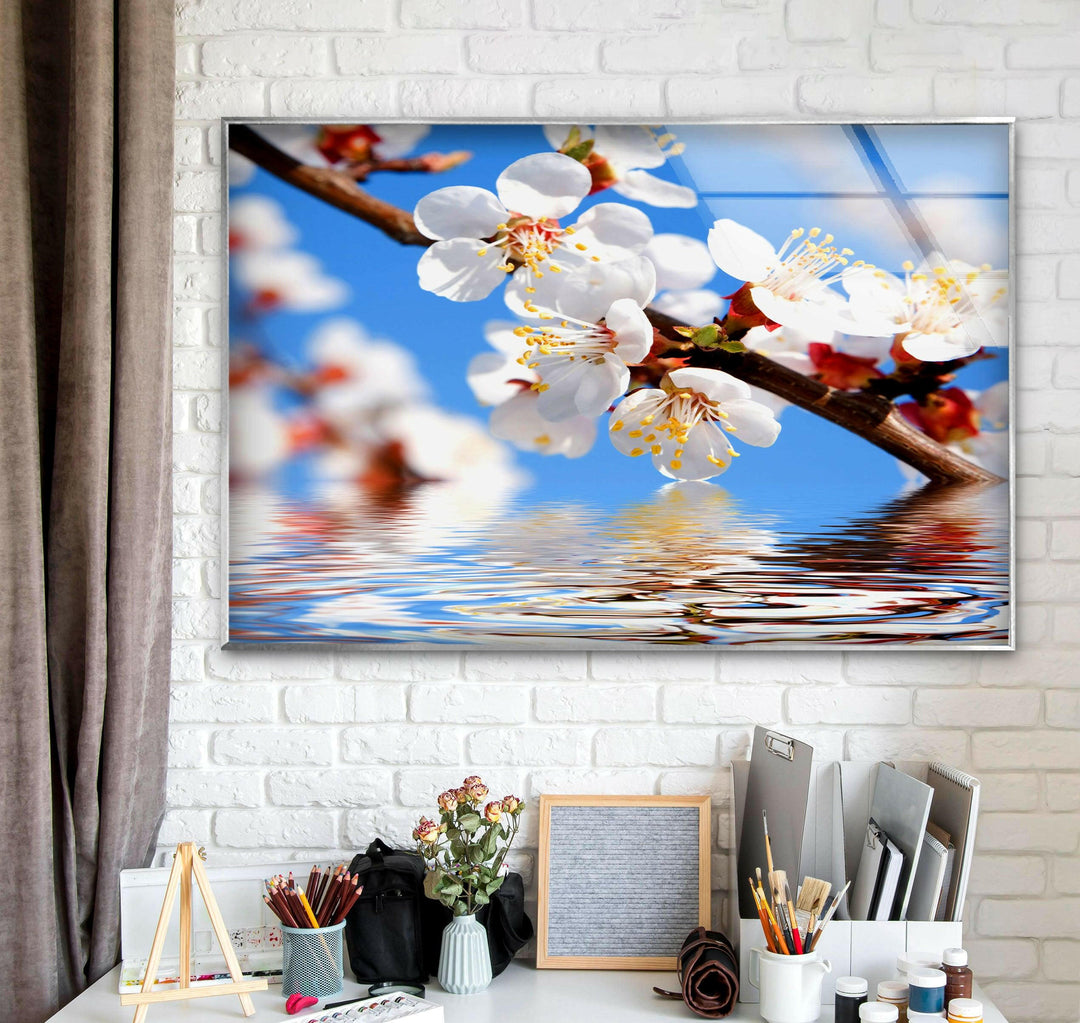 Cherry Tree Branch In Bloom Glass Wall Art, custom glass photo prints, large glass prints
