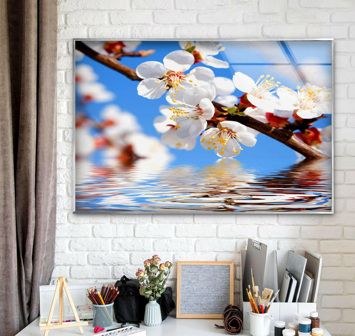 Cherry Tree Branch In Bloom Glass Wall Art, custom glass photo prints, large glass prints
