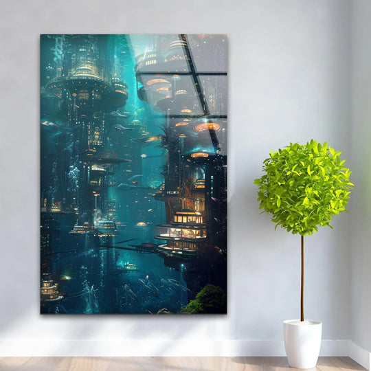 Futuristic underwater city illuminated by glowing lights, a breathtaking vista of advanced subaquatic architecture, perfect for the best glass art.