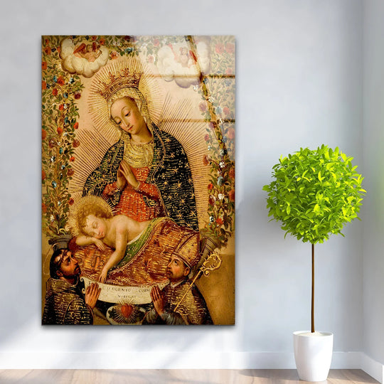 Religion glass wall art of the Virgin Mary with the Christ Child and ornate foliage features Christian beauty with timeless elegance