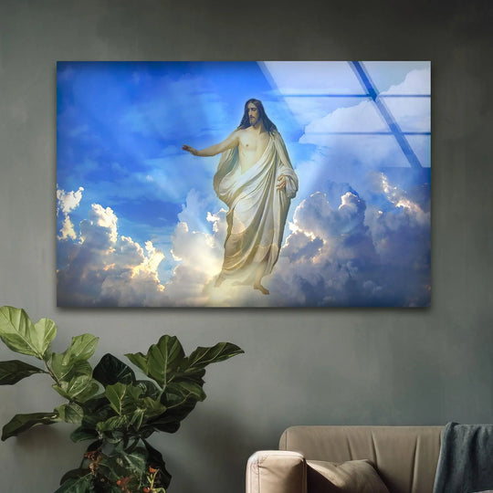 Religion glass wall art blue Christian Jesus Cross design and Jesus in Clouds theme with divine decor