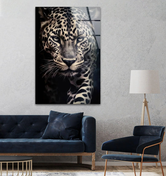 A striking leopard portrait glass art painting showcases depth and detail through its layered effect.