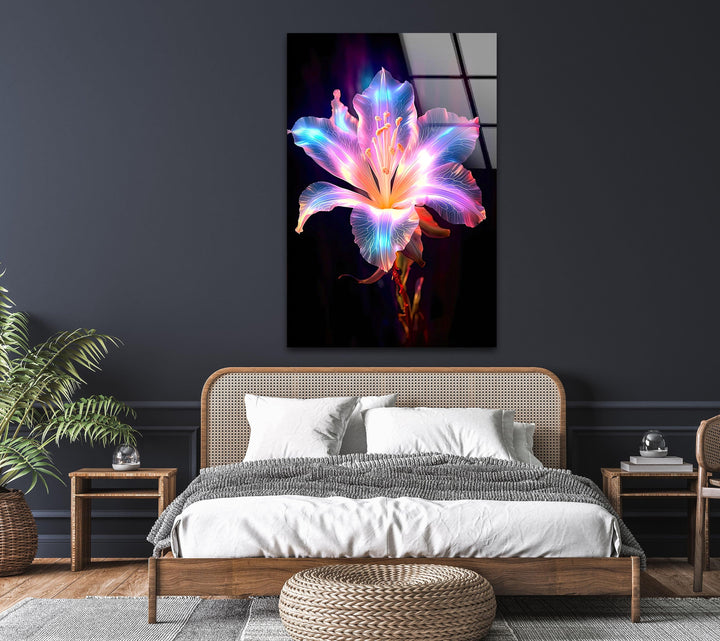 Neon Lily Flower Glass Wall Art, custom glass photo prints, large glass prints