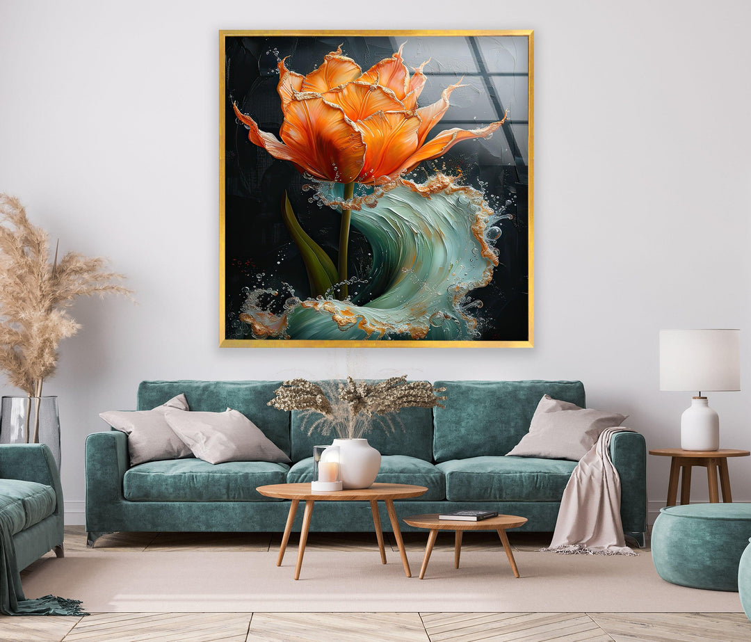 Orange Abstract Flower Glass Wall Art, glass art painting, glass art for the Wall