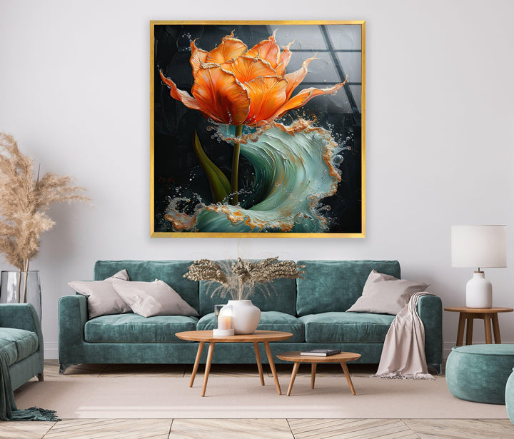 Orange Abstract Flower Glass Wall Art, glass art painting, glass art for the Wall