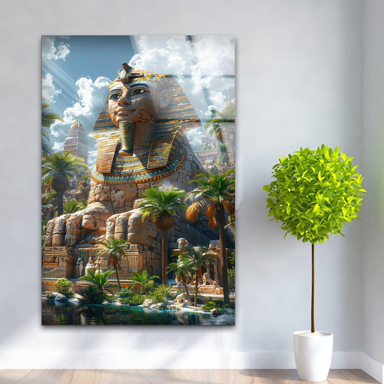 Highlighting the abstract quality, Giant Sphin glass art showcases the ancient monument in a dazzling display of glass art with lush surrounding landscapes.