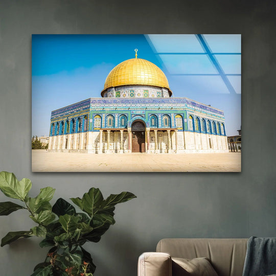 Religion glass wall art golden dome and Islamic decor art featuring Dome of the Rock with sacred heritage on glass